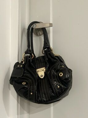 Authentic Ultra Rare Juicy Couture Black Leather Handbag with Tan Trim